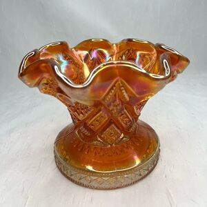 Vtg Carnival Glass Imperial Orange Punch Bowl Base Lustre Scalloped Edge Ornate